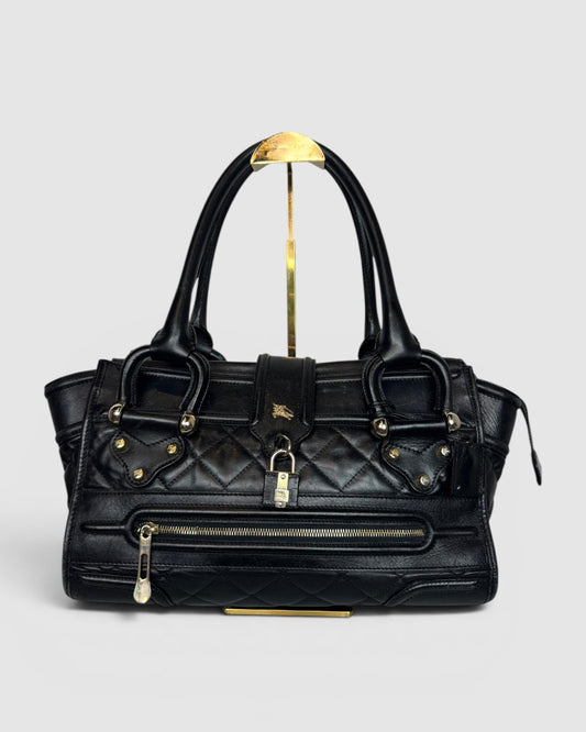 Burberry Black Leather Quilted "Manor" Tote Bag w Lock & Silver Hardware