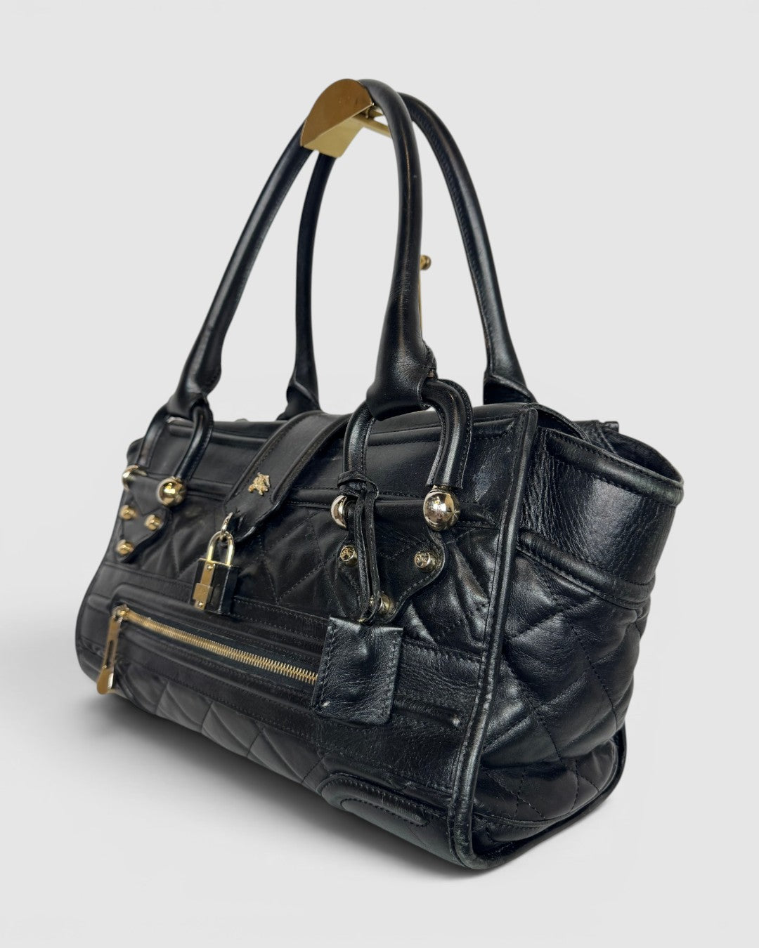 Burberry Black Leather Quilted "Manor" Tote Bag w Lock & Silver Hardware