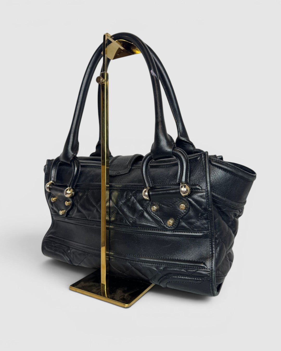 Burberry Black Leather Quilted "Manor" Tote Bag w Lock & Silver Hardware