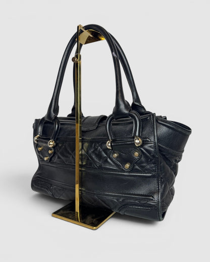 Burberry Black Leather Quilted "Manor" Tote Bag w Lock & Silver Hardware