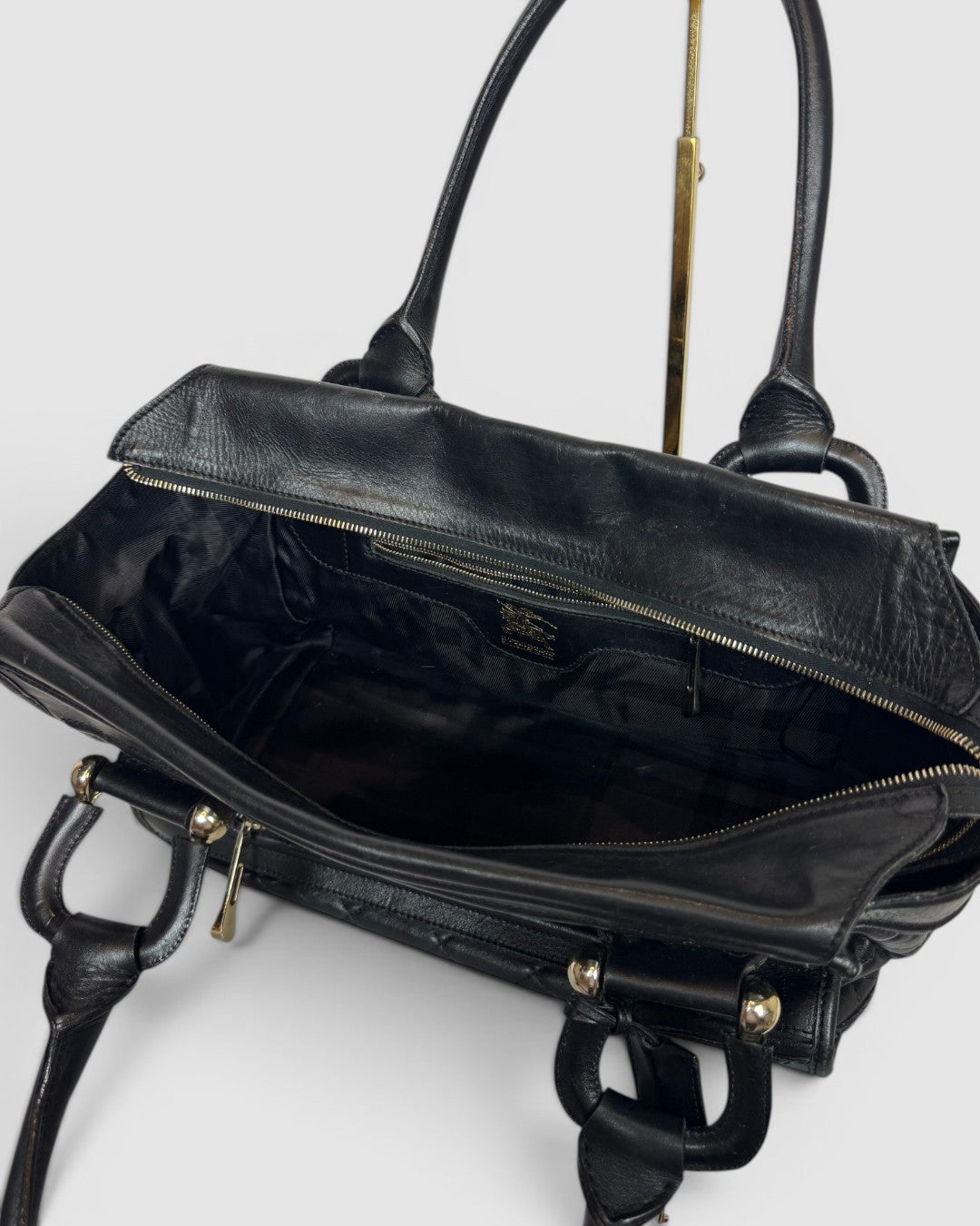 Burberry Black Leather Quilted "Manor" Tote Bag w Lock & Silver Hardware