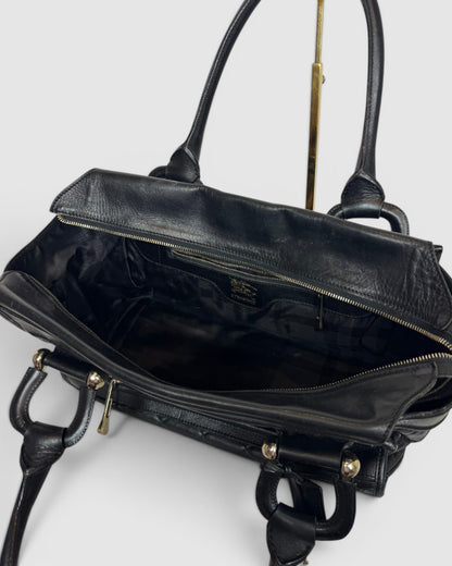 Burberry Black Leather Quilted "Manor" Tote Bag w Lock & Silver Hardware