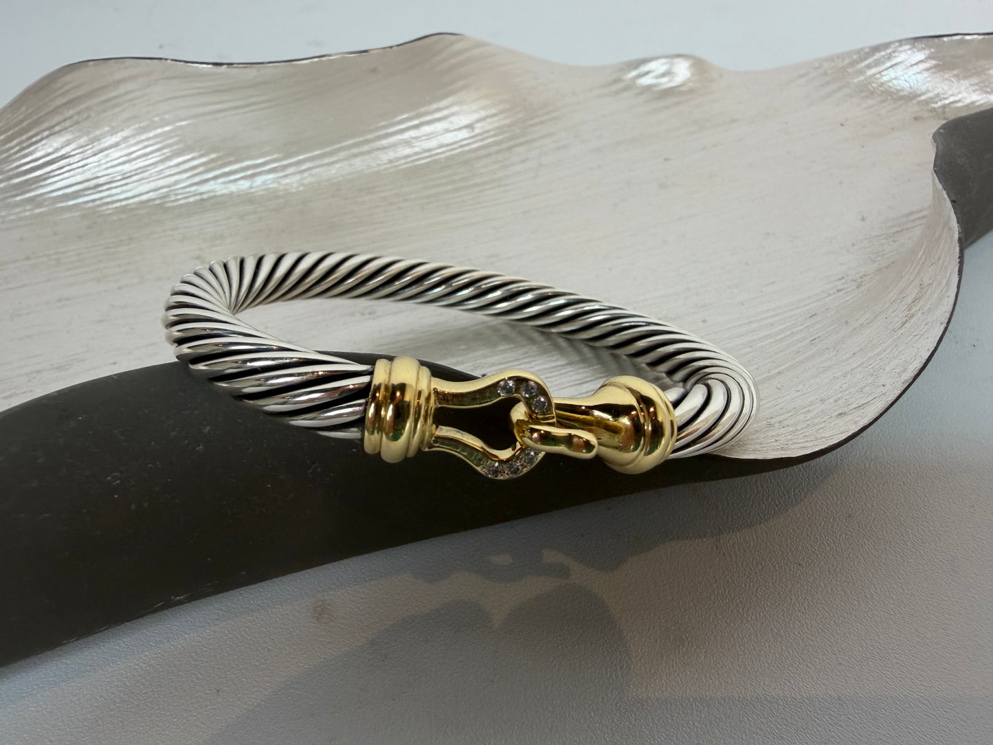 David Yurman Sterling 14K Yellow Gold and Diamond Buckle Classic Cable Bracelet 7mm
