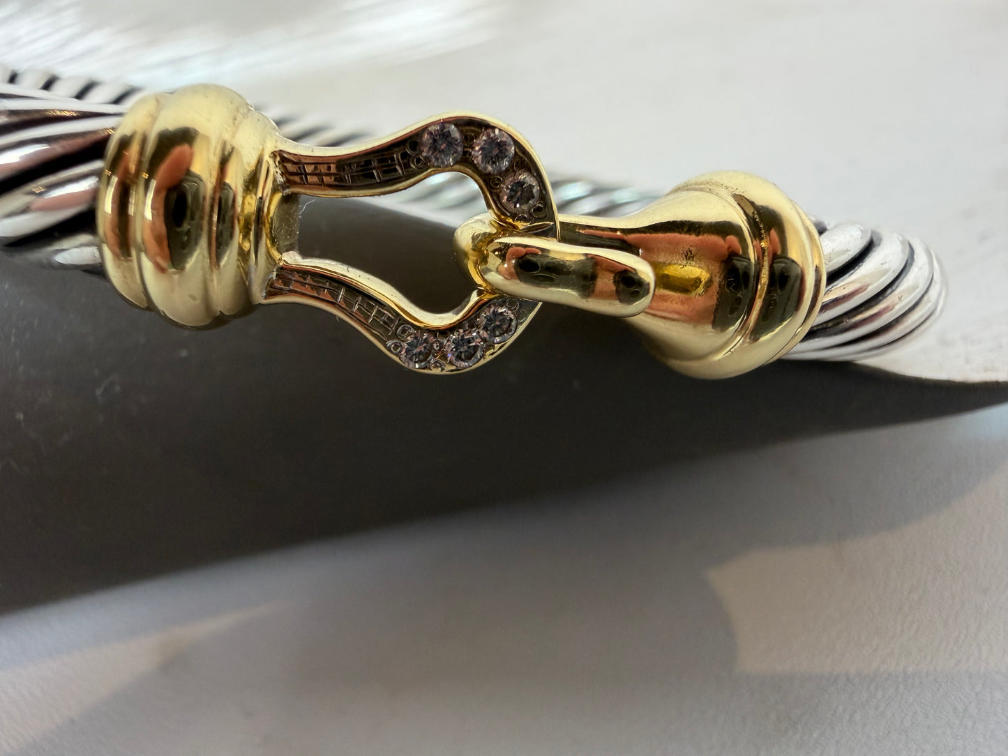 David Yurman Sterling 14K Yellow Gold and Diamond Buckle Classic Cable Bracelet 7mm