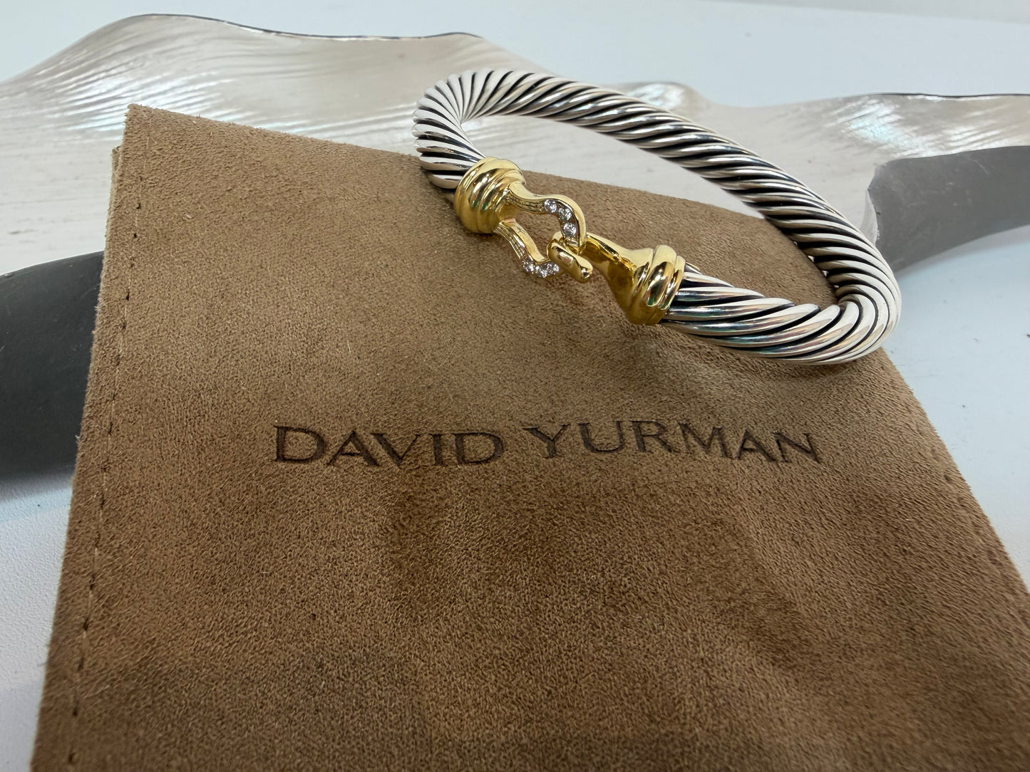 David Yurman Sterling 14K Yellow Gold and Diamond Buckle Classic Cable Bracelet 7mm