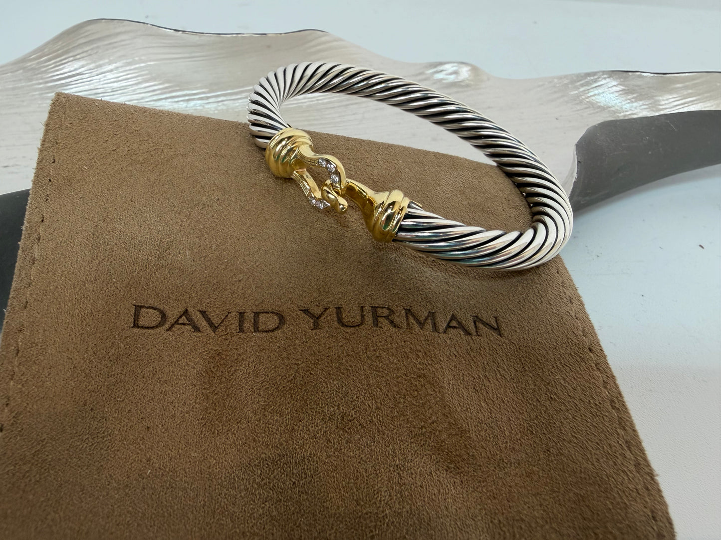 David Yurman Sterling 14K Yellow Gold and Diamond Buckle Classic Cable Bracelet 7mm