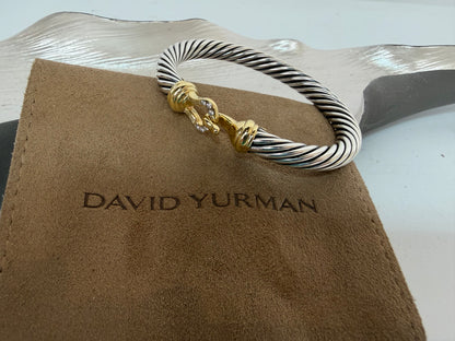 David Yurman Sterling 14K Yellow Gold and Diamond Buckle Classic Cable Bracelet 7mm