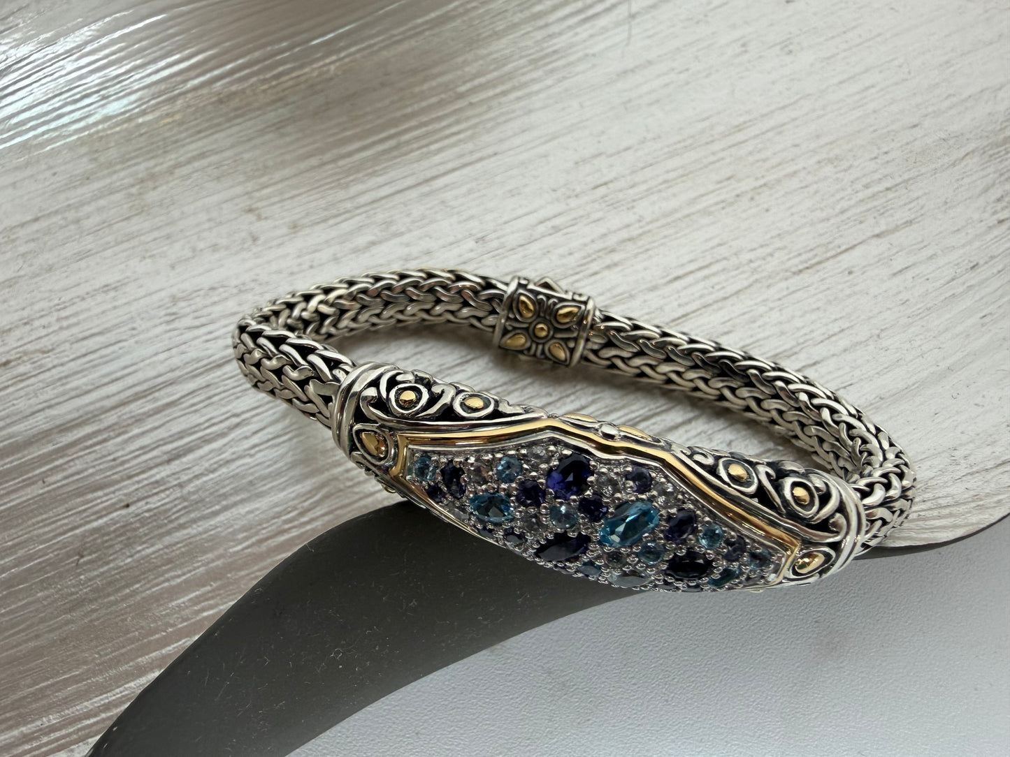 John Hardy Sterling 18K Yellow Gold Blue Pave Multi-Gemstone Woven Texture Bracelet