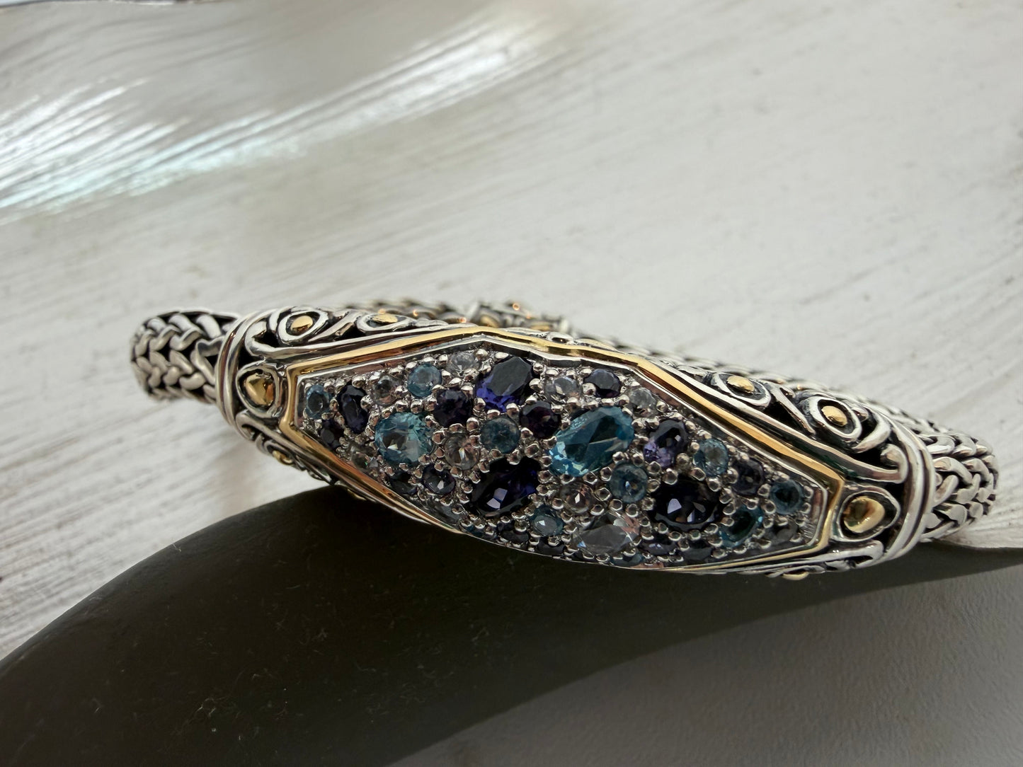John Hardy Sterling 18K Yellow Gold Blue Pave Multi-Gemstone Woven Texture Bracelet