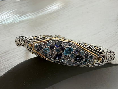 John Hardy Sterling 18K Yellow Gold Blue Pave Multi-Gemstone Woven Texture Bracelet