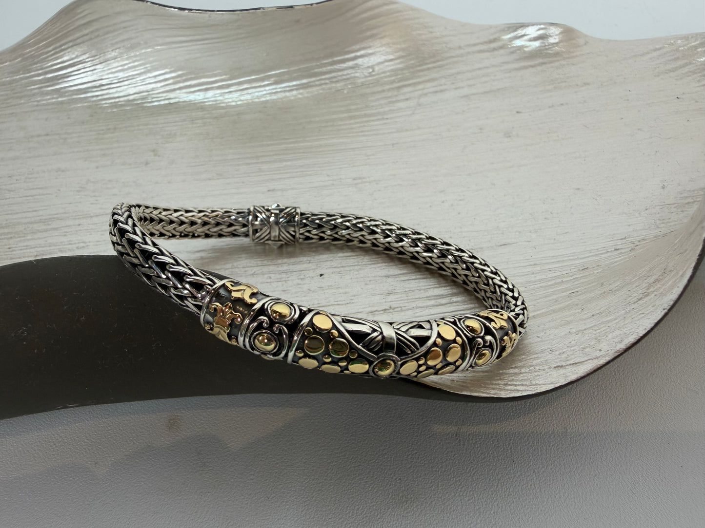 John Hardy Sterling 18K Yellow Gold Blue Pave Multi-Gemstone Woven Texture Bracelet