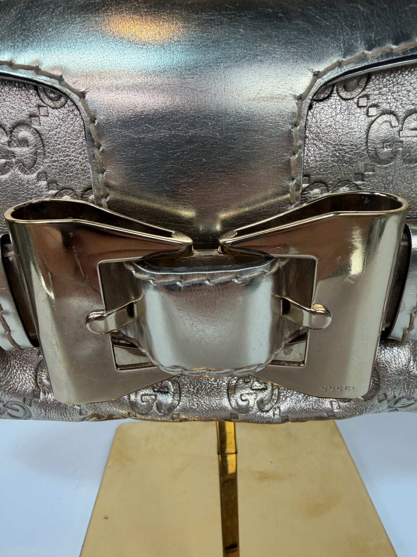 Gucci Gold Metallic "Queen Bow Chain Clutch" Embossed Monogram Bag