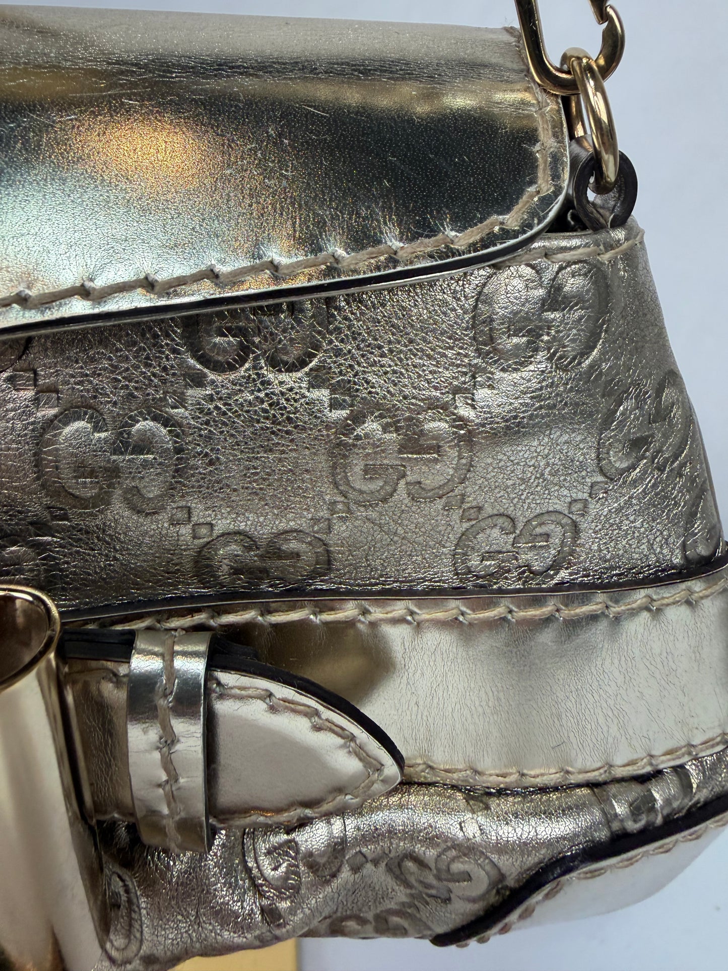 Gucci Gold Metallic "Queen Bow Chain Clutch" Embossed Monogram Bag