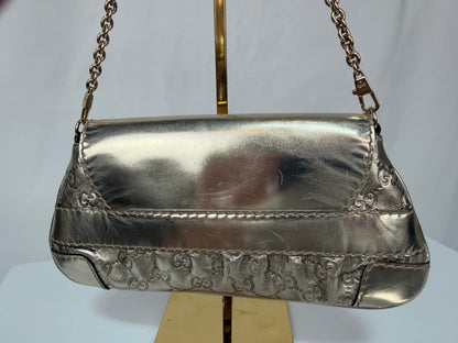Gucci Gold Metallic "Queen Bow Chain Clutch" Embossed Monogram Bag