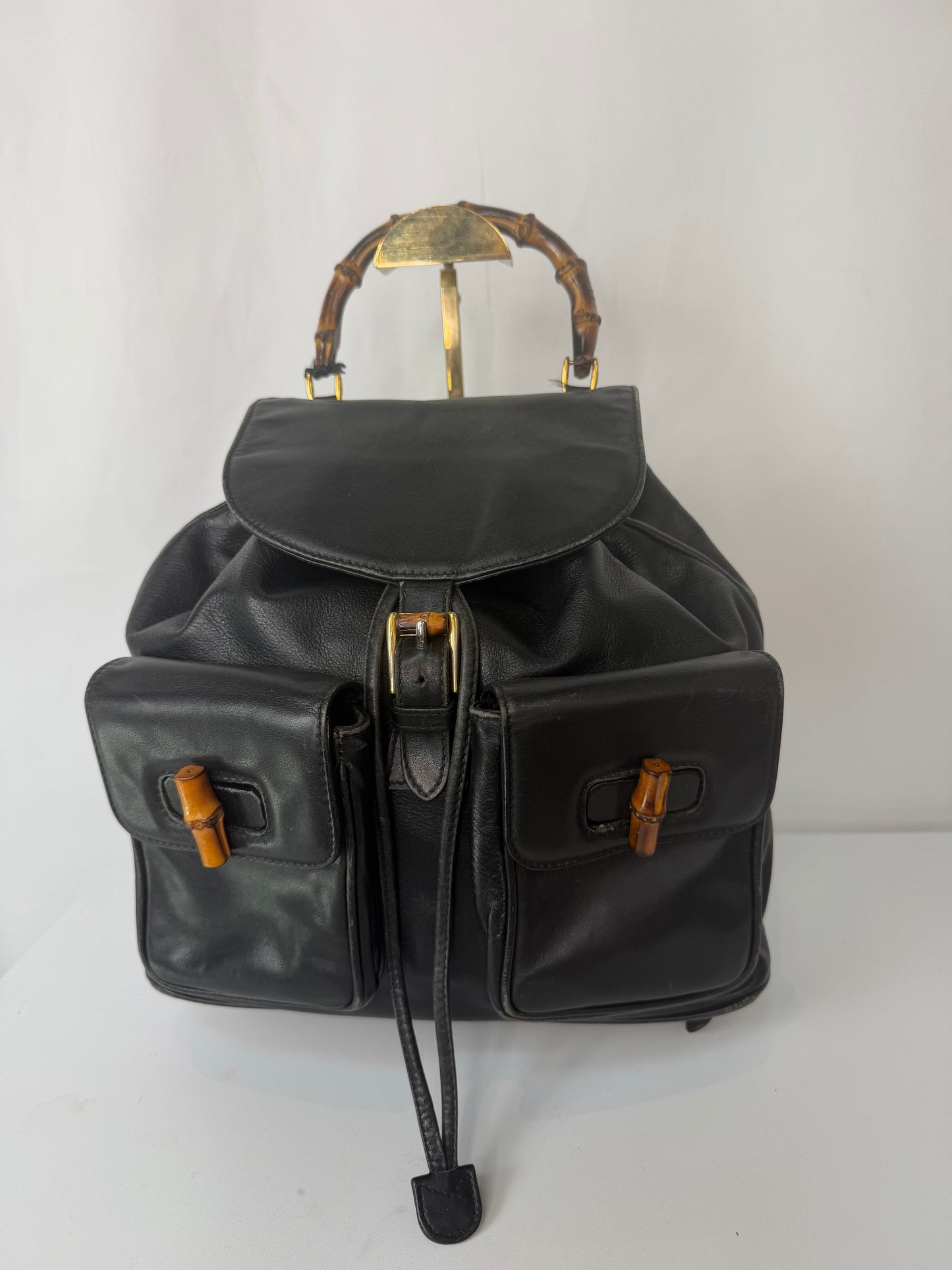 Gucci Leather Black Bamboo Detail Belted Backpack