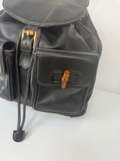Gucci Leather Black Bamboo Detail Belted Backpack