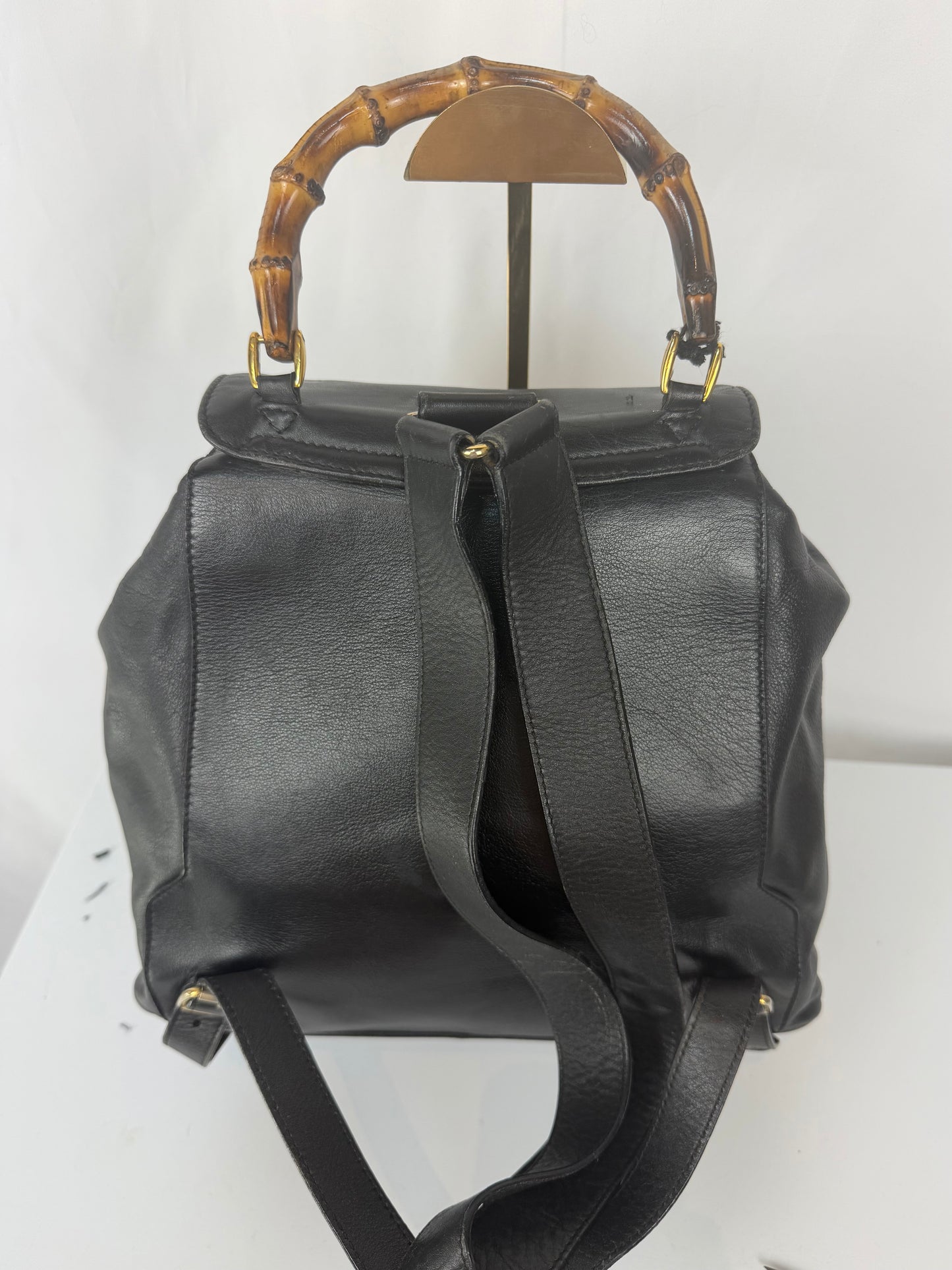 Gucci Leather Black Bamboo Detail Belted Backpack