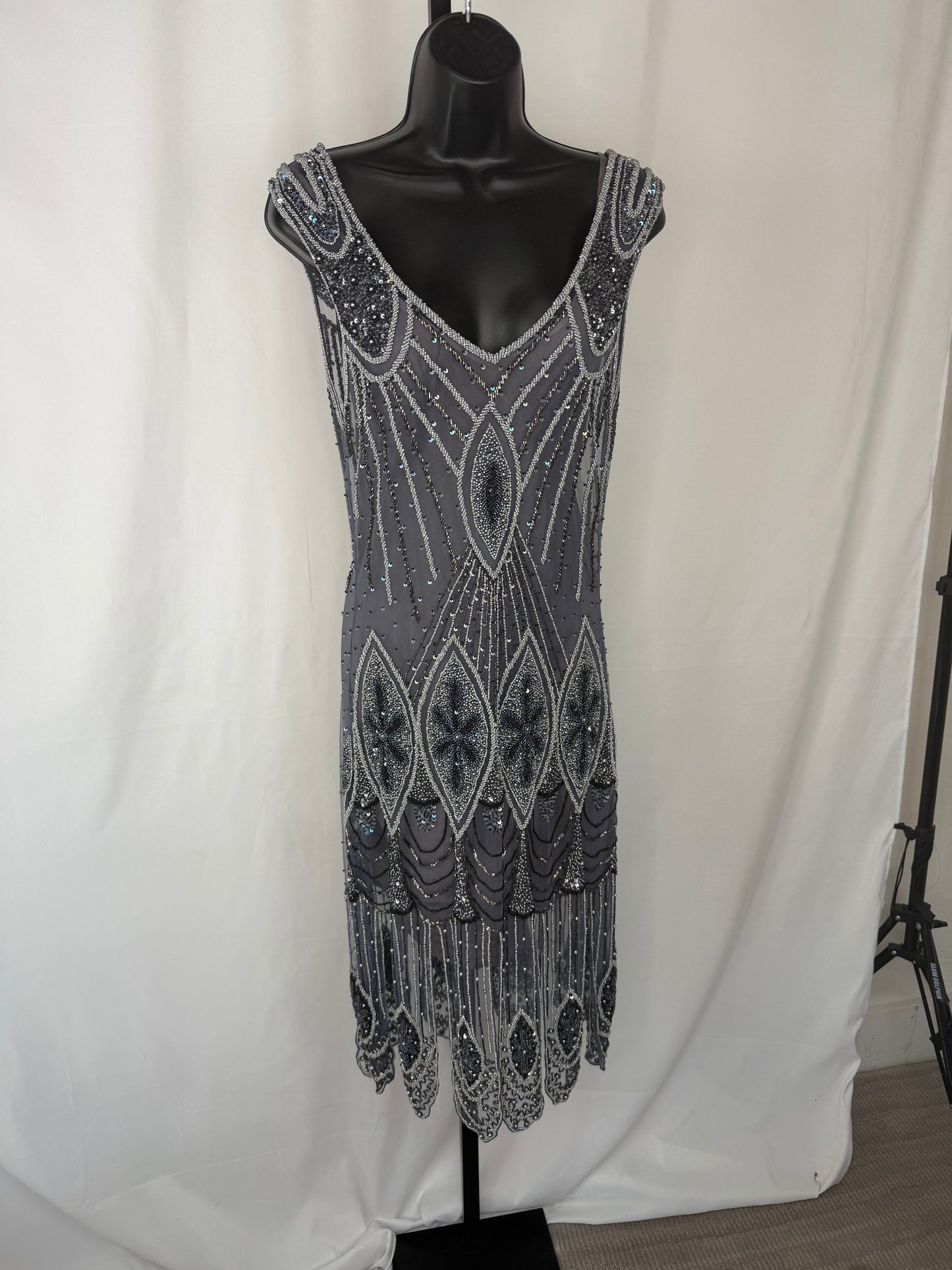 Massimo Dutti Mesh Dusty Blue Beaded Sleeveless Knee-Length Dress