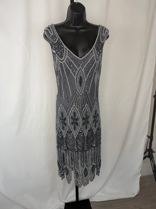 Massimo Dutti Mesh Dusty Blue Beaded Sleeveless Knee-Length Dress