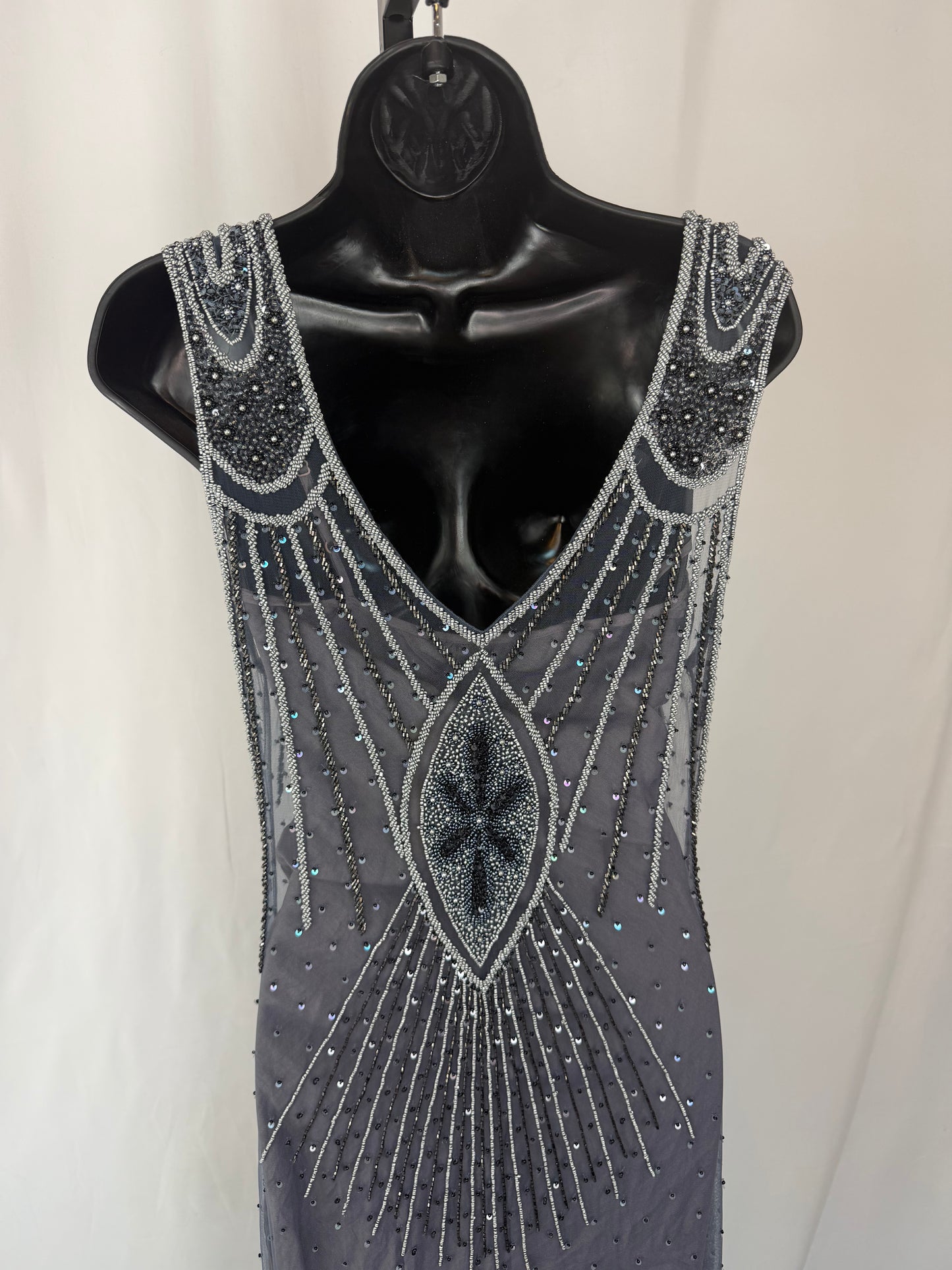 Massimo Dutti Mesh Dusty Blue Beaded Sleeveless Knee-Length Dress