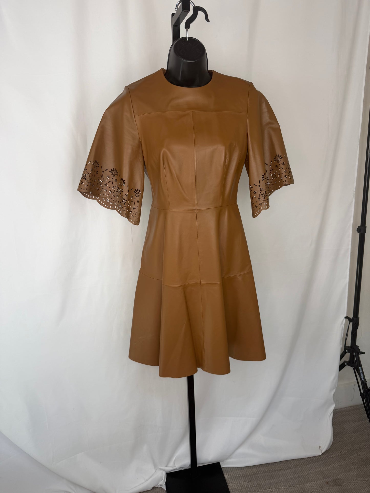 Pearl By Lela Rose Leather Brown 1/2 Crochet Sleeve Fit & Flare Knee-Length Dress