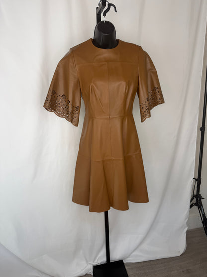 Pearl By Lela Rose Leather Brown 1/2 Crochet Sleeve Fit & Flare Knee-Length Dress