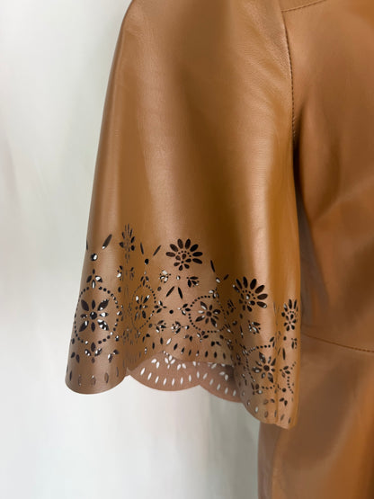 Pearl By Lela Rose Leather Brown 1/2 Crochet Sleeve Fit & Flare Knee-Length Dress