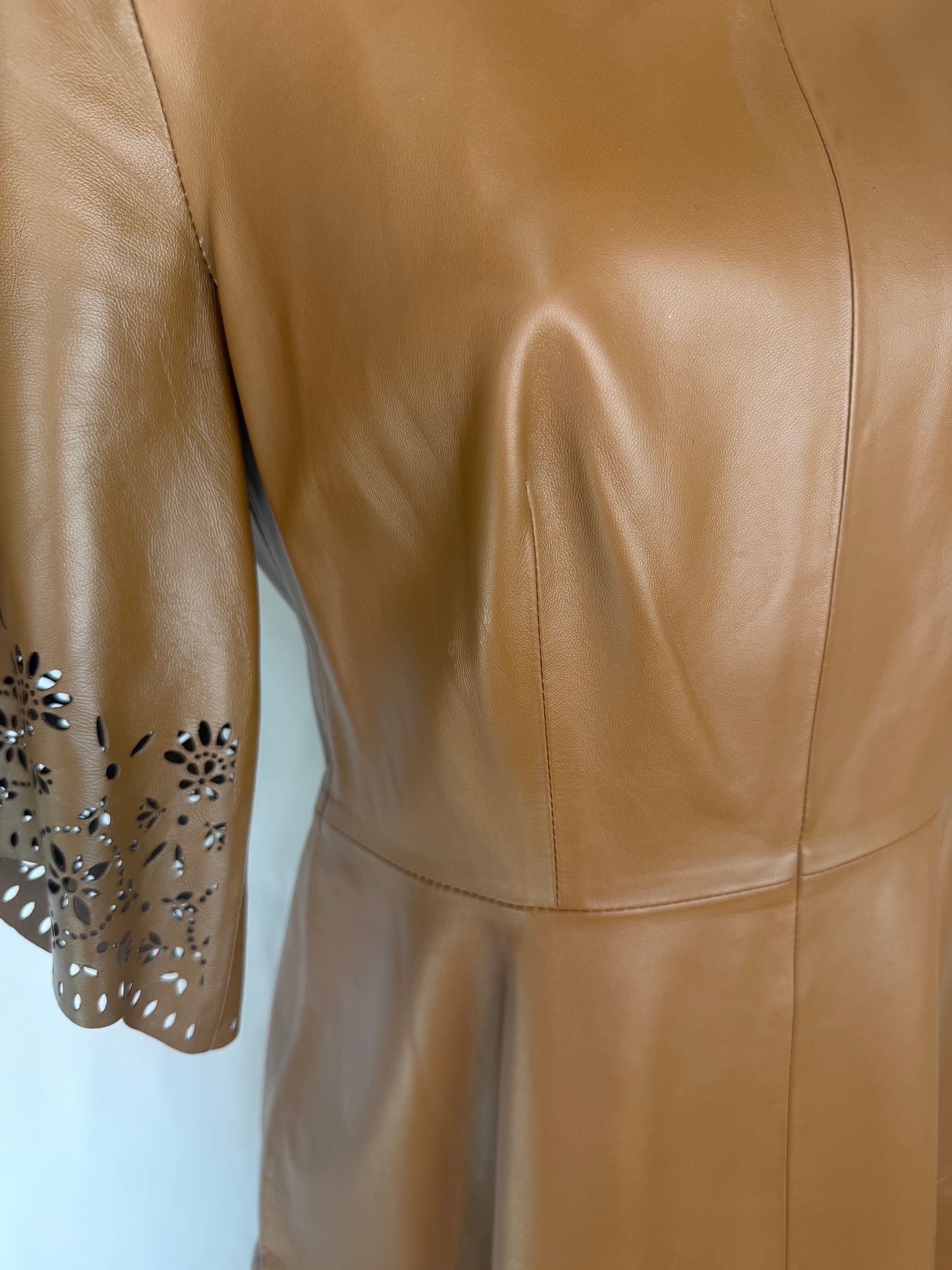 Pearl By Lela Rose Leather Brown 1/2 Crochet Sleeve Fit & Flare Knee-Length Dress