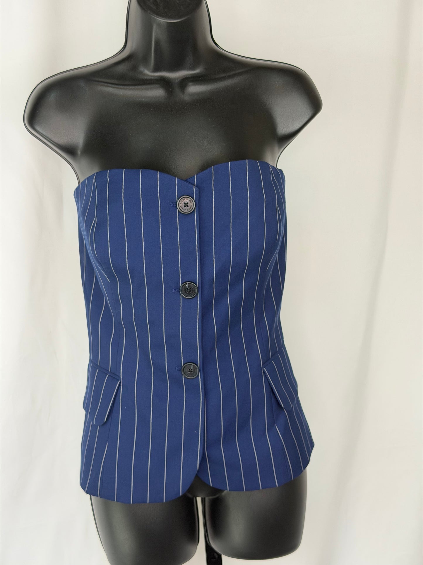 Ralph Lauren Navy Pinstripe Strapless Button "Blazer" Crop Top (Part of Set) NWT
