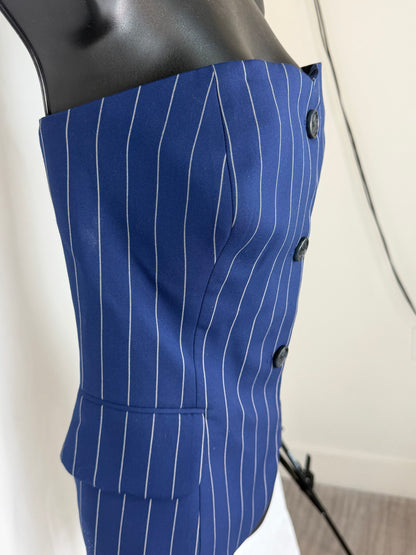 Ralph Lauren Navy Pinstripe Strapless Button "Blazer" Crop Top (Part of Set) NWT