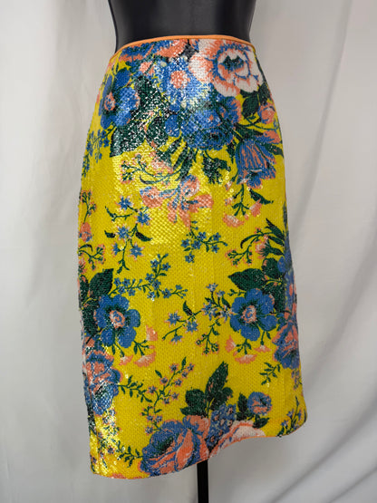 Diane Von Furstenberg Yellow Blue & Peach Floral Sequin Knee Length Skirt