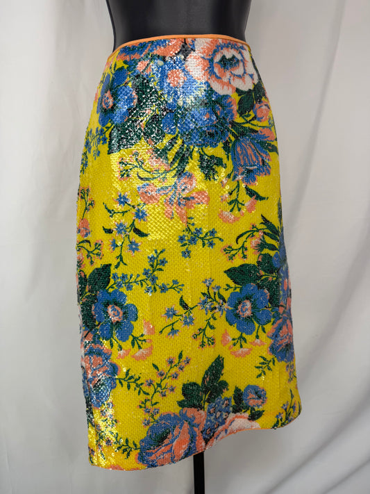 Diane Von Furstenberg Yellow Blue & Peach Floral Sequin Knee Length Skirt