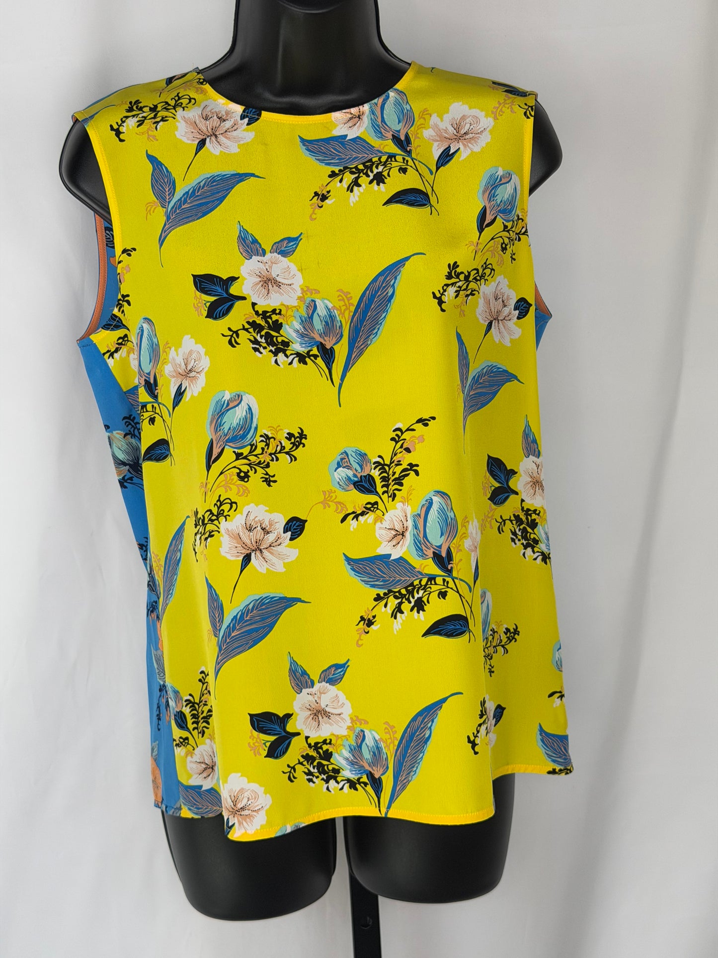 Diane Von Furstenberg Yellow/Blue Color Block Floral Silk Sleeveless Blouse