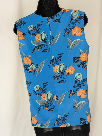 Diane Von Furstenberg Yellow/Blue Color Block Floral Silk Sleeveless Blouse