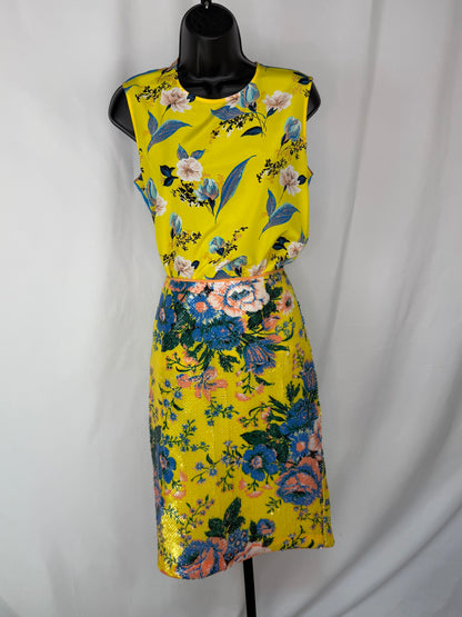 Diane Von Furstenberg Yellow Blue & Peach Floral Sequin Knee Length Skirt
