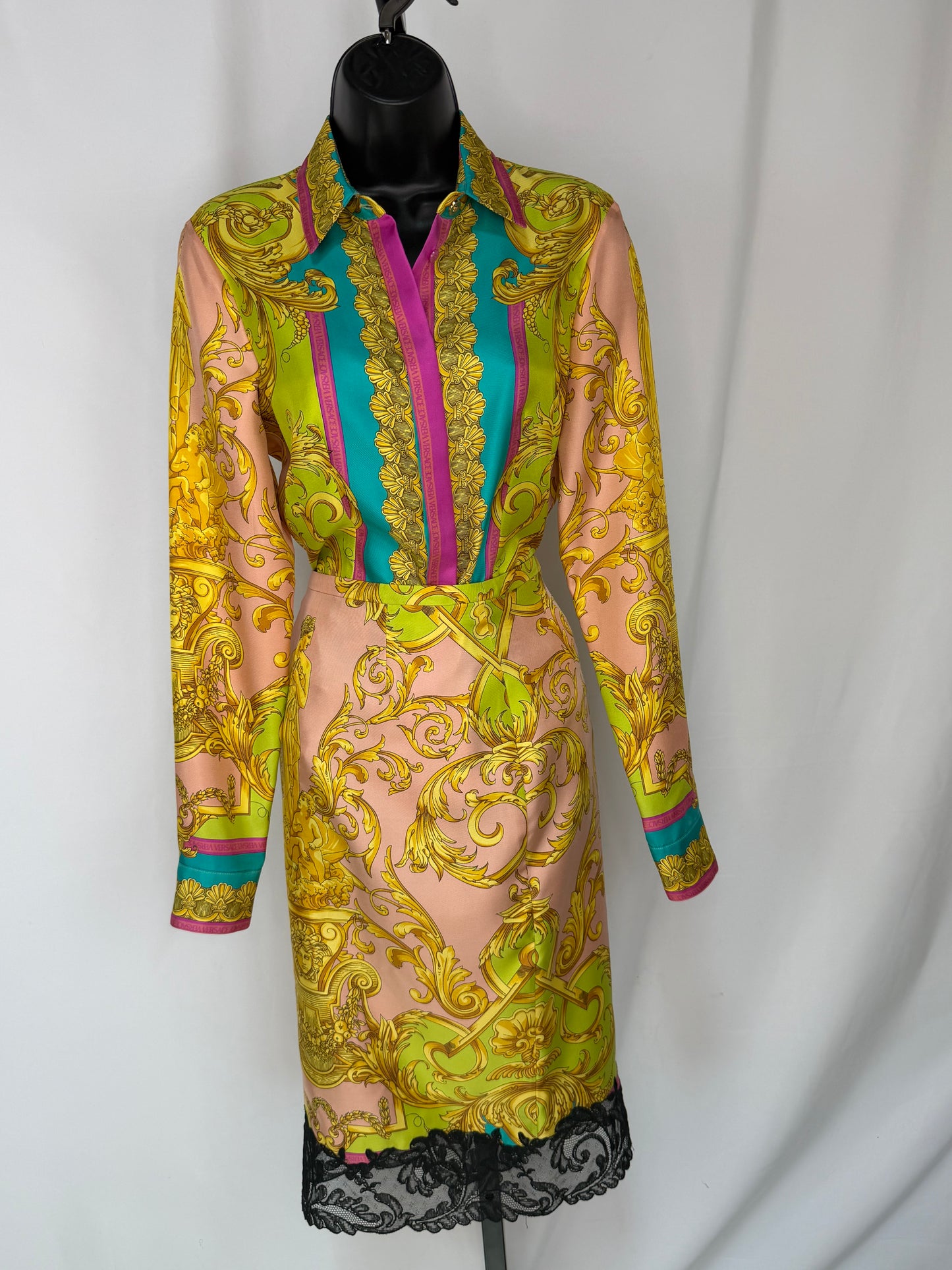 Versace Pink Yellow & Green Print Knee-Length Skirt w/ Black Lace Detail