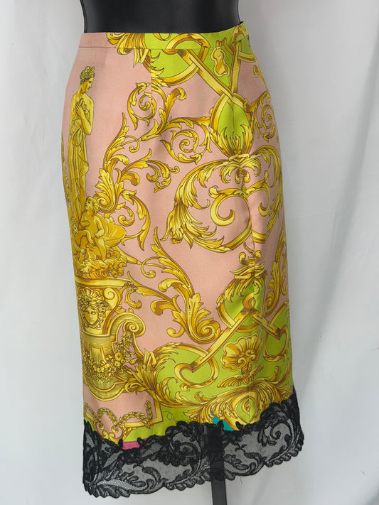 Versace Pink Yellow & Green Print Knee-Length Skirt w/ Black Lace Detail