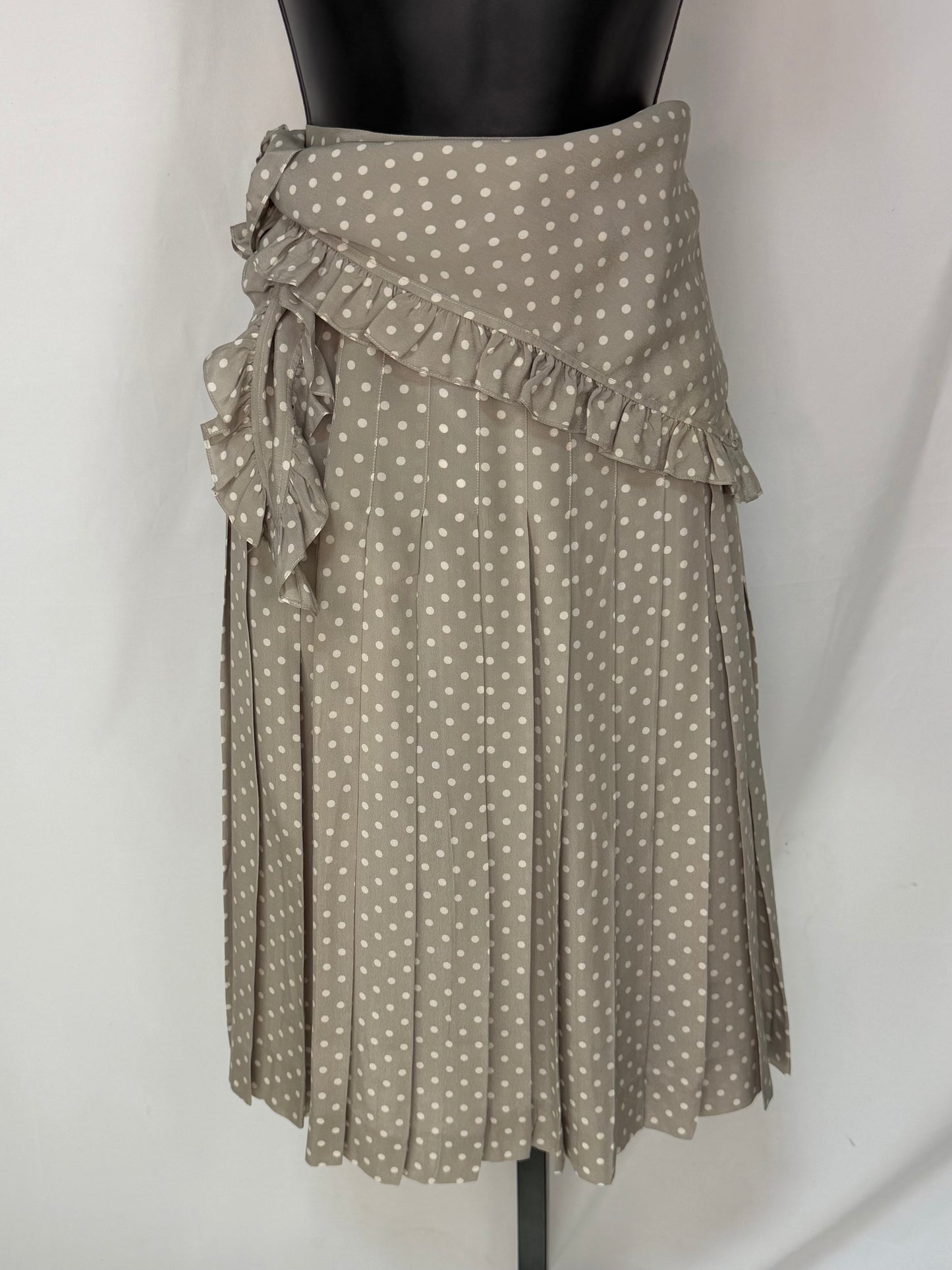 Chanel Silk Grey & White Polka Dot Midi Skirt w/ Scarf (Part of Set)