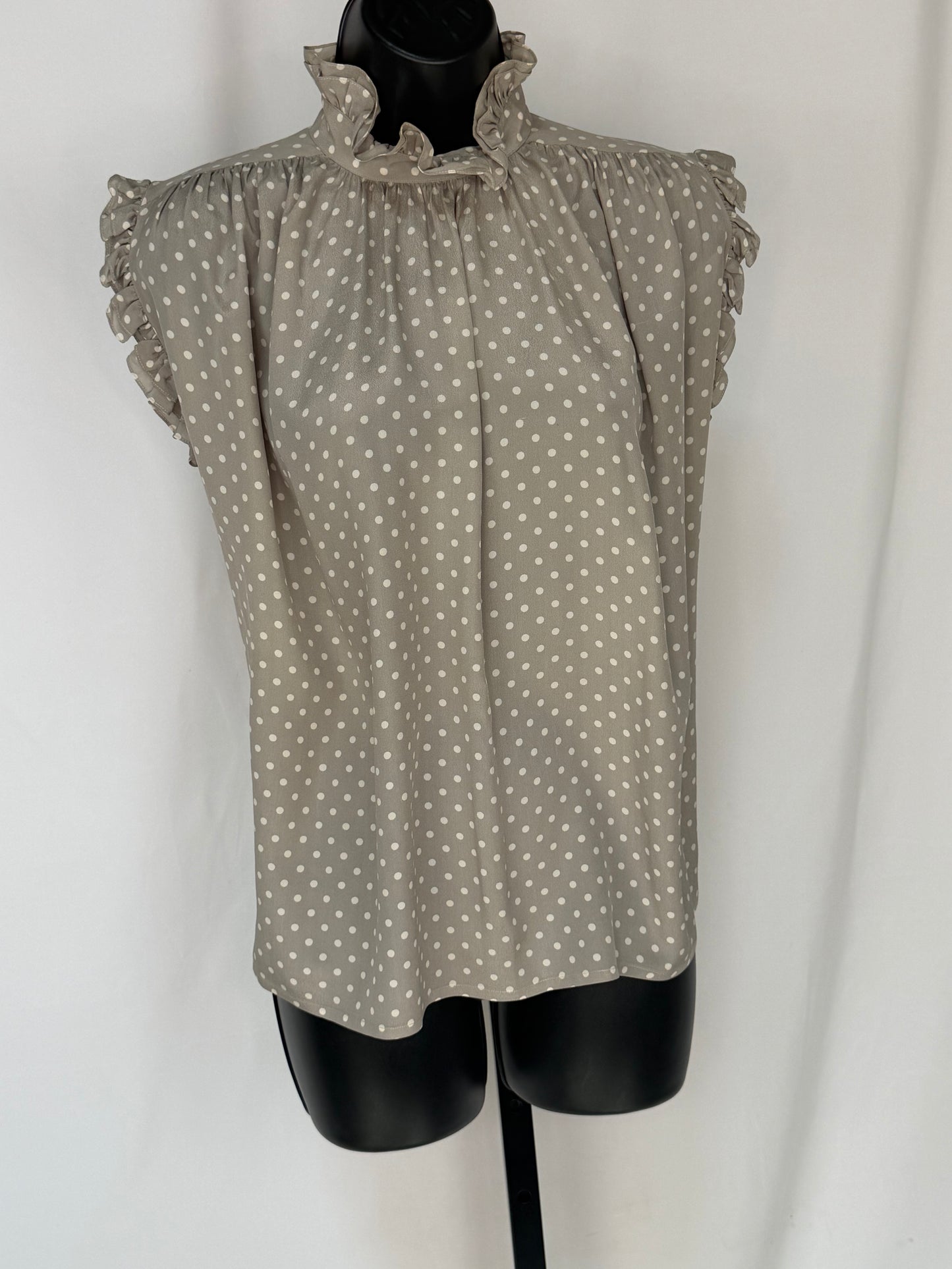 Chanel Silk Sleeveless Mock Neck Grey & White Polka Dot Blouse (Part of Set)