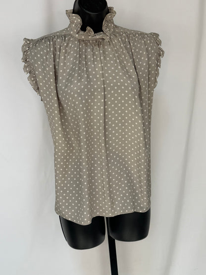 Chanel Silk Sleeveless Mock Neck Grey & White Polka Dot Blouse (Part of Set)
