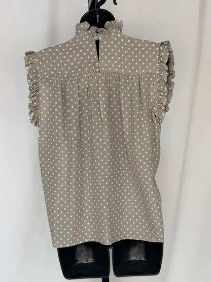 Chanel Silk Sleeveless Mock Neck Grey & White Polka Dot Blouse (Part of Set)