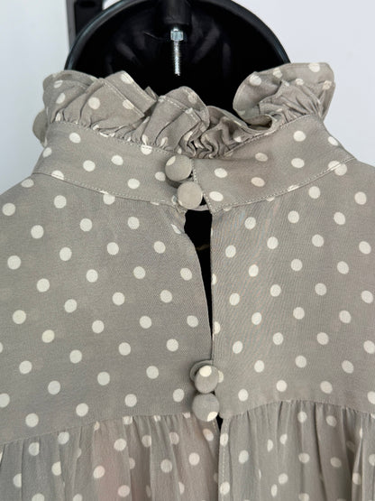 Chanel Silk Sleeveless Mock Neck Grey & White Polka Dot Blouse (Part of Set)