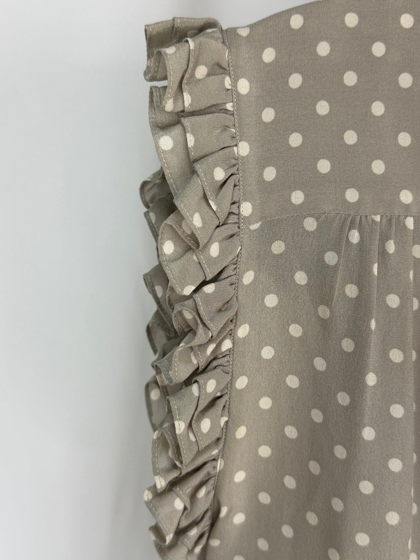 Chanel Silk Sleeveless Mock Neck Grey & White Polka Dot Blouse (Part of Set)