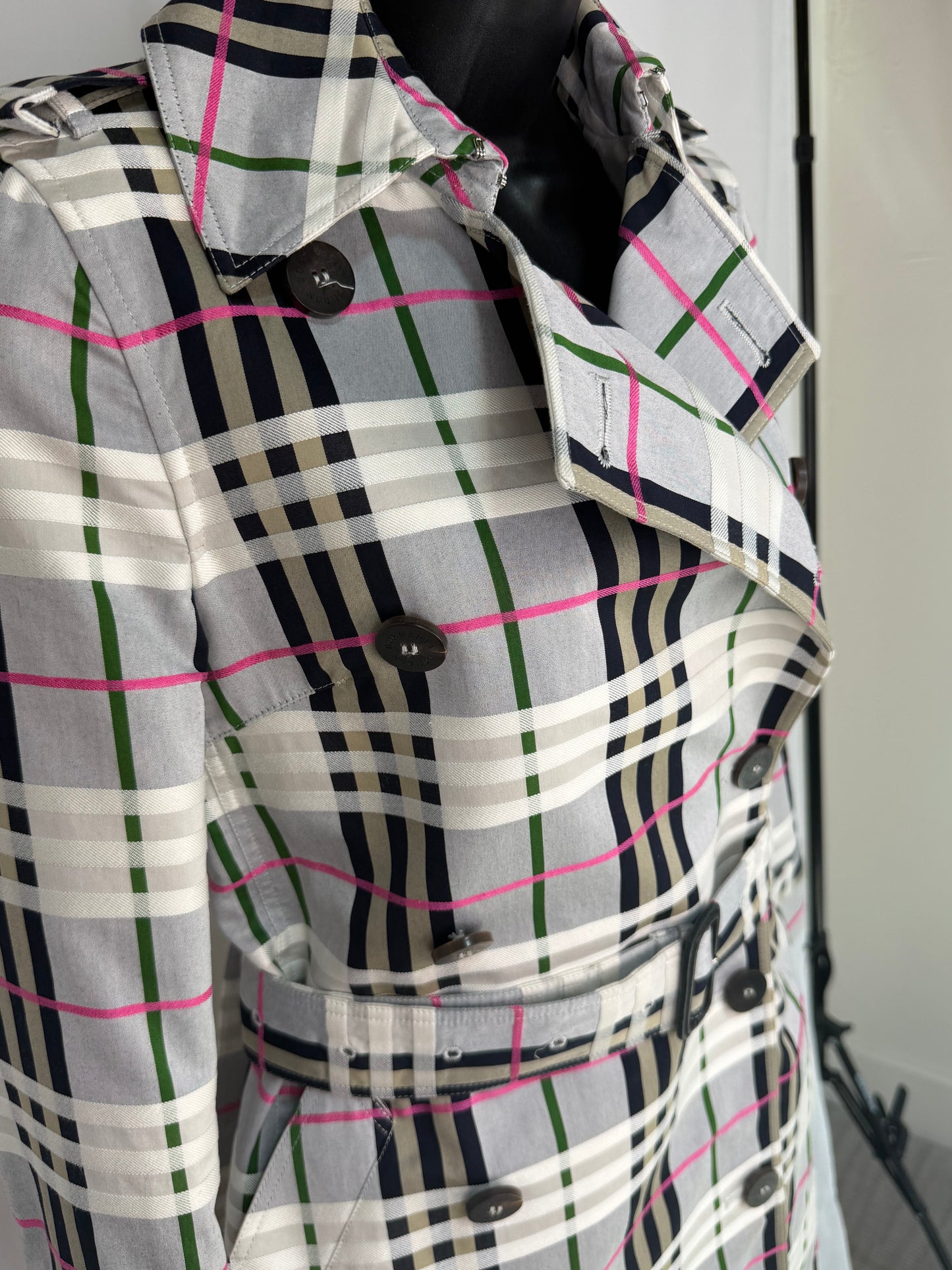 Burberry White Grey Green & Pink Nova Check Trench Coat/Jacket
