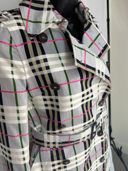 Burberry White Grey Green & Pink Nova Check Trench Coat/Jacket
