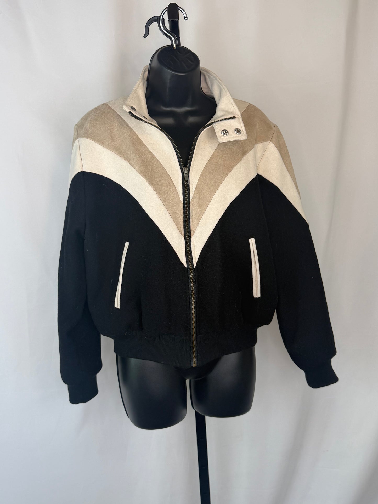 Mother Wool White Beige Black Stripe Zip Up Cropped Bomber Jacket
