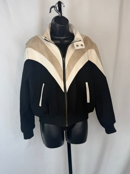 Mother Wool White Beige Black Stripe Zip Up Cropped Bomber Jacket