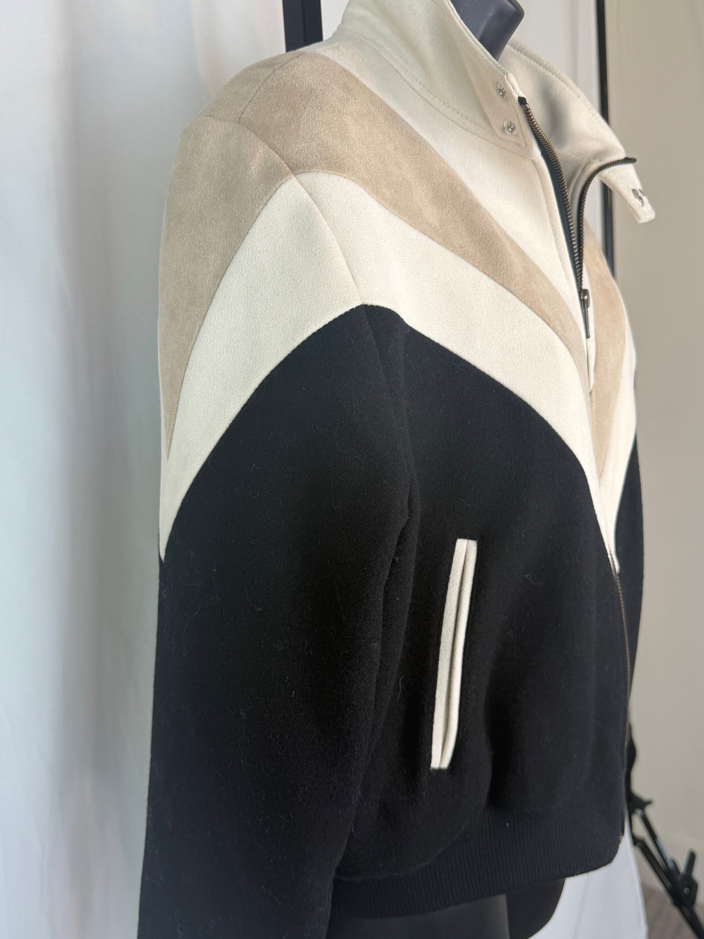 Mother Wool White Beige Black Stripe Zip Up Cropped Bomber Jacket