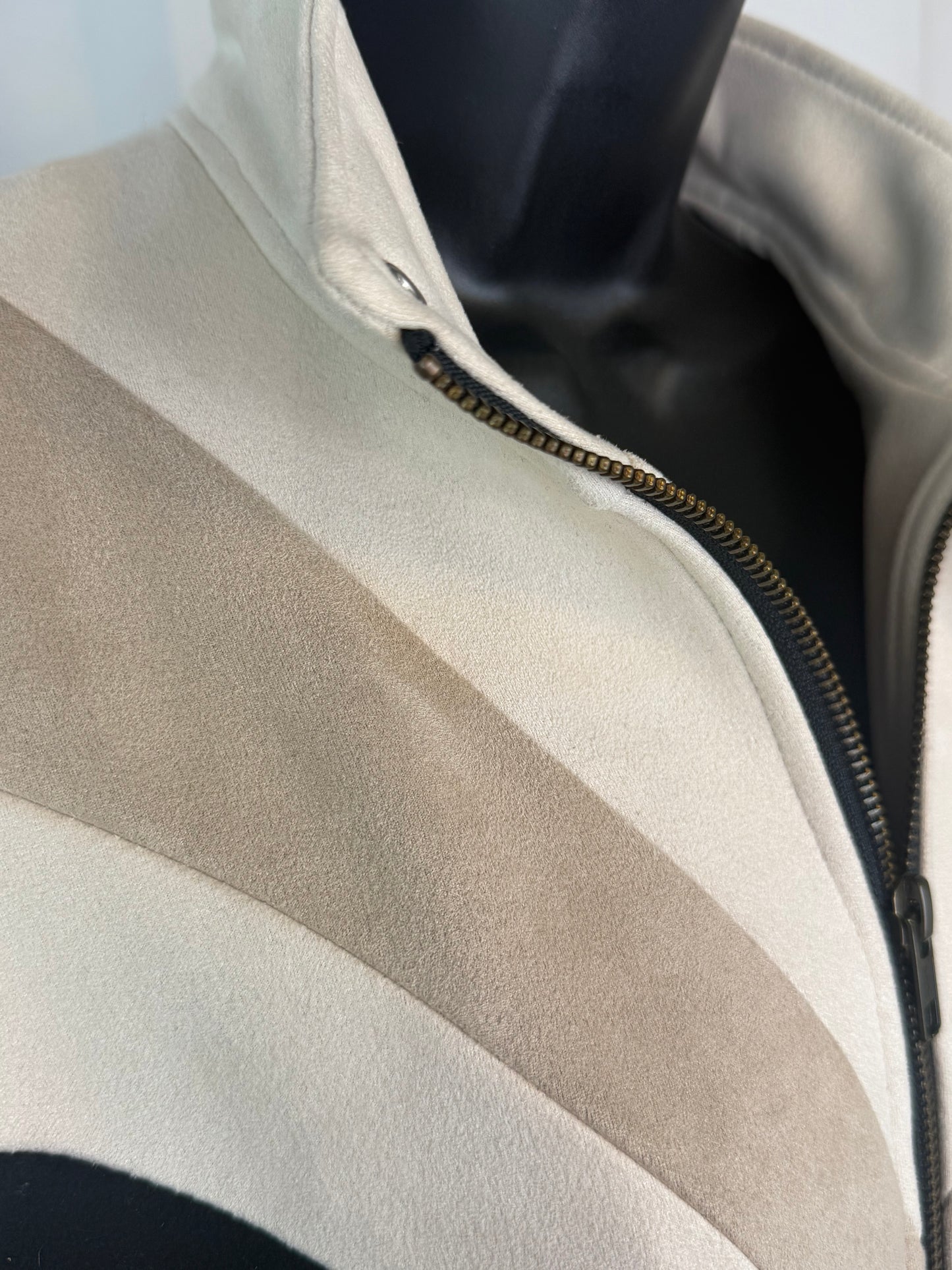Mother Wool White Beige Black Stripe Zip Up Cropped Bomber Jacket