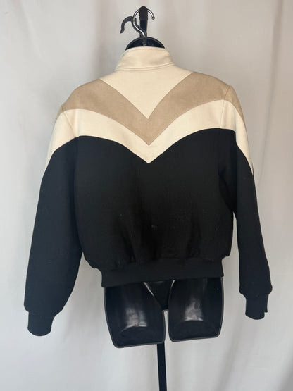 Mother Wool White Beige Black Stripe Zip Up Cropped Bomber Jacket